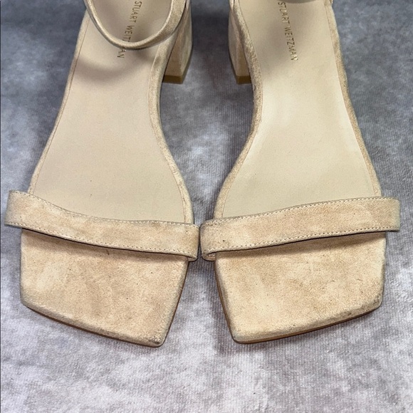 EUC Stuart Weitzman Elegant Tan Women's Sz US 9B Block Heel Sandals Nude Suede - Picture 5 of 14